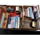 Two boxes of books, leather bound Dickens books, reference books,