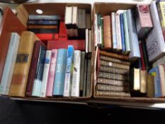 Two boxes of books, leather bound Dickens books, reference books,