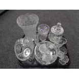 A tray of glass ware, crystal lidded jar, basket, fruit bowl,