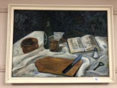 Continental School : Still life with bread board, oil on canvas, signed.