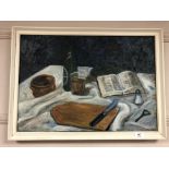 Continental School : Still life with bread board, oil on canvas, signed.