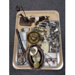 A tray of continental pottery pipe, assorted flatware, bookmarks,