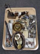 A tray of continental pottery pipe, assorted flatware, bookmarks,