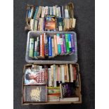 Three boxes of hardback and paperbacked books, antique reference,