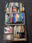 Three boxes of hardback and paperbacked books, antique reference,
