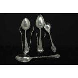 Two nineteenth century silver teaspoons together with a small pair of silver sugar nips,