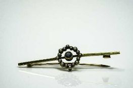 A 15ct gold antique pearl and sapphire brooch, width 57 mm.