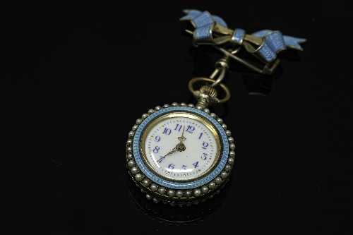 An early twentieth century silver and enamelled Swiss fob watch, cylinder movement with white dial,