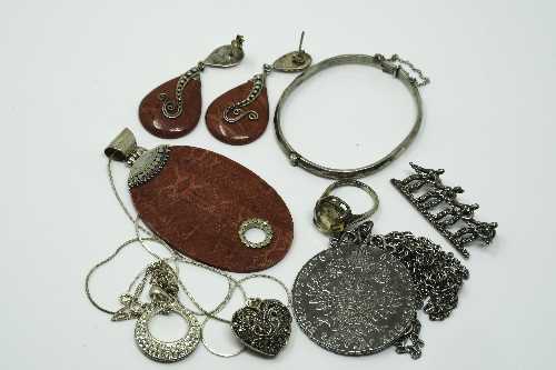 A collection of silver and white metal jewellery, coin on chain, ring etc. - Image 2 of 2