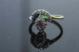A 10ct gold ruby, sapphire, emerald and diamond ring, size M/N.