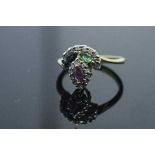 A 10ct gold ruby, sapphire, emerald and diamond ring, size M/N.