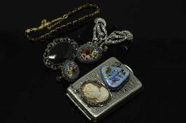 A small collection of jewellery including cameo brooch, marcasite earrings, mosaic earrings,