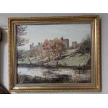 A gilt framed Dallas Taylor oil on board - Alnwick Castle from the river