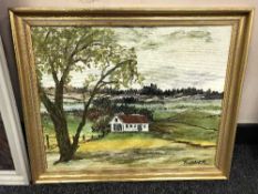 Continental School : White cottage, oil on board.
