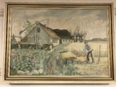 Continental School : Farmer in field, oil on canvas, framed.