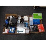 Three boxes of electricals, phone sets, HP printer,