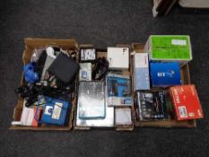 Three boxes of electricals, phone sets, HP printer,