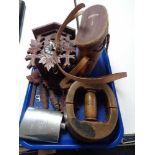 A tray of black forest style cuckoo clock, leather cased binoculars,