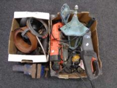 Two boxes of power tools, bench vice,