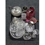 A tray of castle pewter tea pot, two tankards and assorted glass ware, antique cranberry jug,