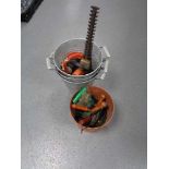 Three galvanised buckets together with Black & Decker hedge trimmer,