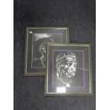 Two black and white portrait prints signed DMR