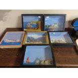 A box of six model ships in display frames - The Bismark etc