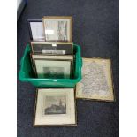 A box of framed prints, hand coloured map of Northumberland,