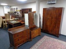 A three piece 1930's walnut bedroom suite - single wardrobe,