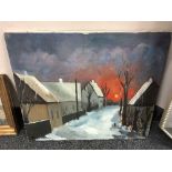 Continental School : oil on canvas depicting a snowy lane