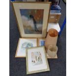 A box of four framed watercolours - Sadler, Tristen etc and prints,