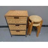 A metal and wicker three drawer bathroom chest together with a pair of rope seated stools on pine
