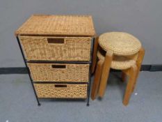 A metal and wicker three drawer bathroom chest together with a pair of rope seated stools on pine