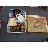 Two boxes of wooden ornaments, china swan planter, table lamp with shade,
