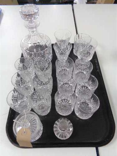 A tray of crystal, decanter, whisky glasses,