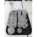 A tray of crystal, decanter, whisky glasses,