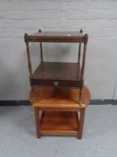 An inlaid mahogany two tier stand fitted a drawer and a coffee table