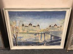 Continental School : oil on canvas depicting buildings by a river, framed.