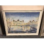 Continental School : oil on canvas depicting buildings by a river, framed.