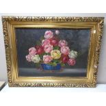 A gilt framed oil on canvas - Still life with roses in a bowl