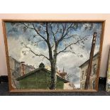 Continental School : Tree in front of buildings, oil on canvas.