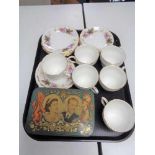 A tray of Queen Elizabeth II coronation tin together with six Duchess china trios