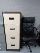 An Office World three drawer filing cabinet with swivel office chair