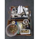 Two boxes of electrical cables, brass door furniture,