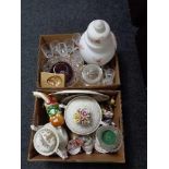 Two boxes of Italian flower encrusted lidded comport and teapot, glass ware,