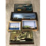 Five dioramas depicting sailboats, mercantile dock etc, largest 68cm wide.