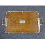 An Edwardian oak and silver plated gallery tray 56 cm x 34 cm.