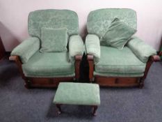 An Old Charm framed three piece lounge suite in green floral fabric and a similar footstool