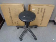 A swivel adjustable manicurist stool together with two boxed fabric typist chairs