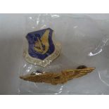 Two American badges, enamelled air force badge,